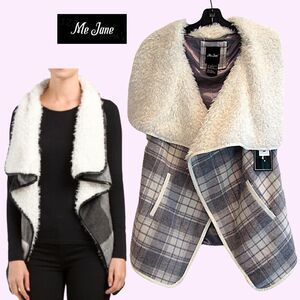 Me Jane Plaid Wool Blend Faux Fur Shawl Vest Gray Ivory L NWT (Fits Medium)